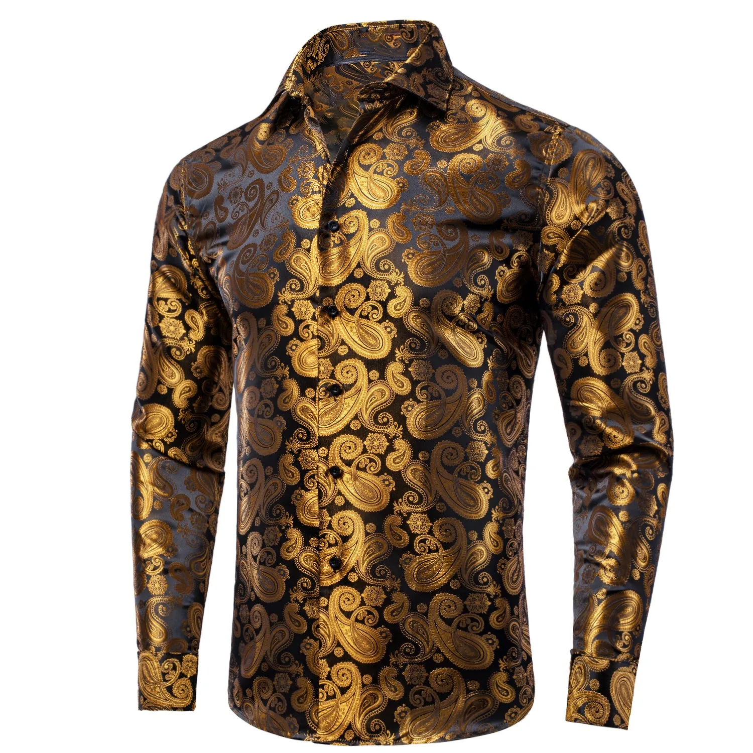 Luxury Golden Brown Paisley Pattern Silk Men's Long Sleeve Shirt