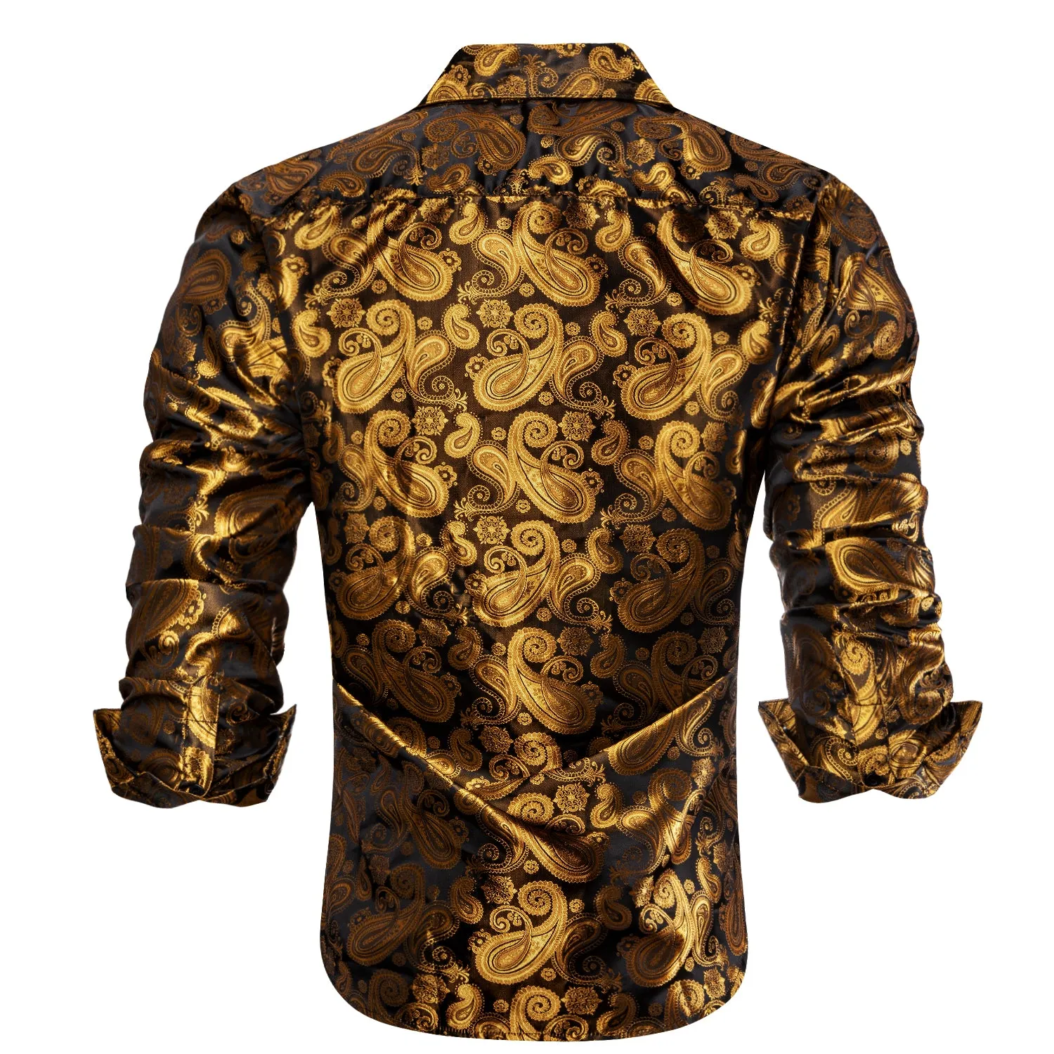 Luxury Golden Brown Paisley Pattern Silk Men's Long Sleeve Shirt