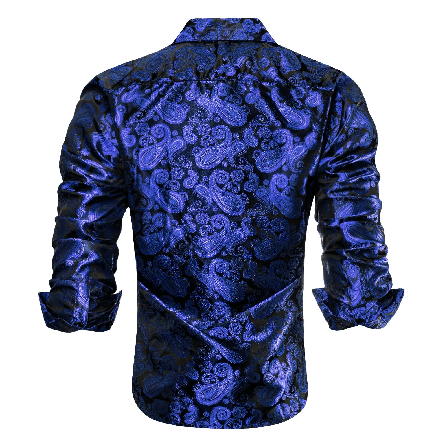 Luxury Royal Blue Paisley Pattern Silk Men's Long Sleeve Shirt