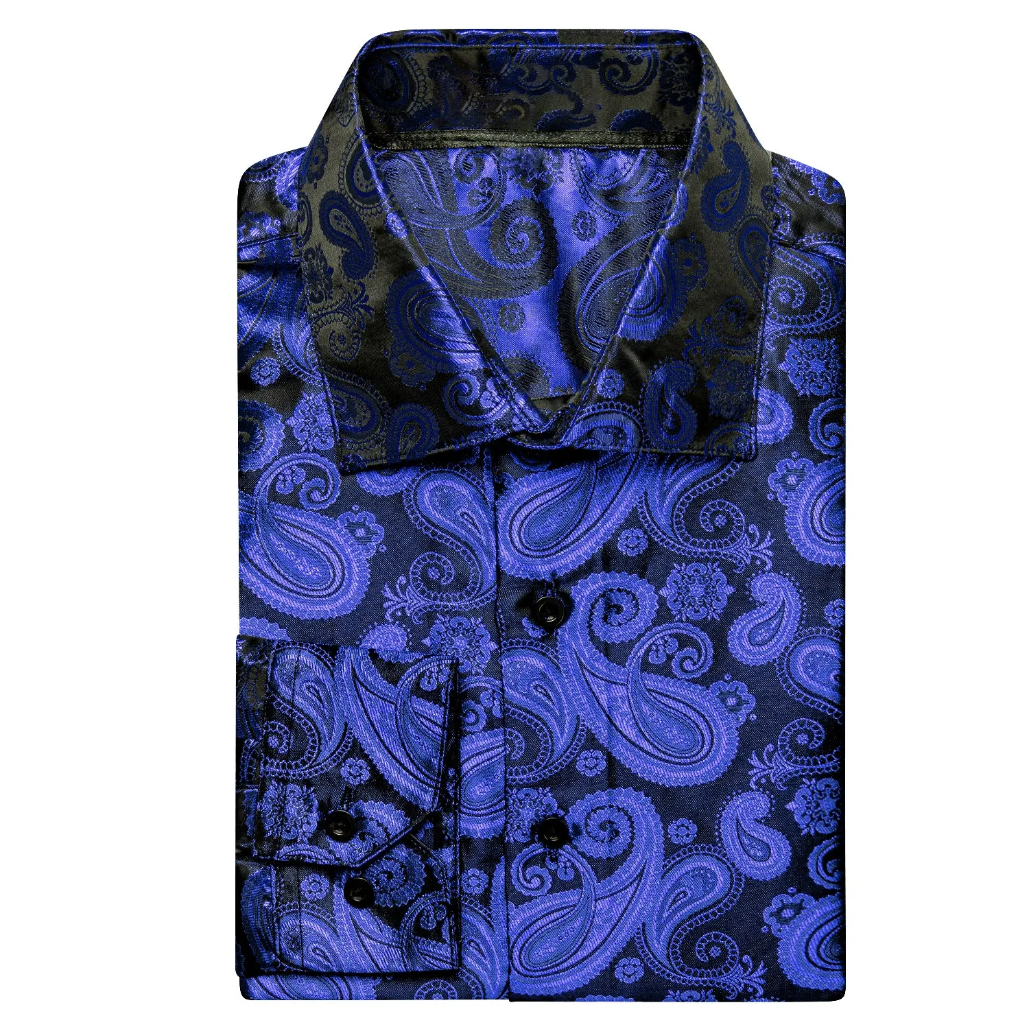 Luxury Royal Blue Paisley Pattern Silk Men's Long Sleeve Shirt