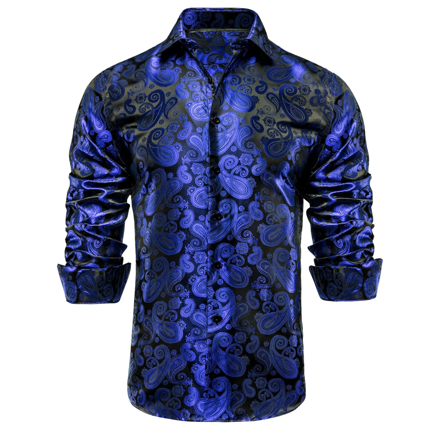 Luxury Royal Blue Paisley Pattern Silk Men's Long Sleeve Shirt