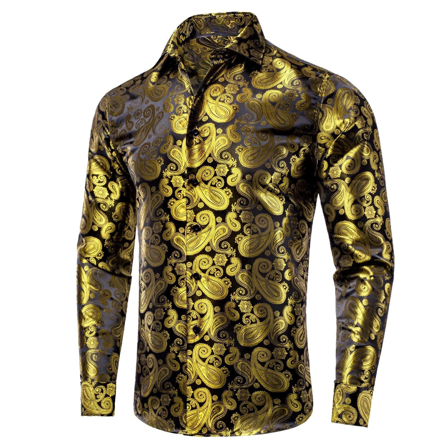 Luxury Yellow Brown Paisley Pattern Silk Men's Long Sleeve Shirt