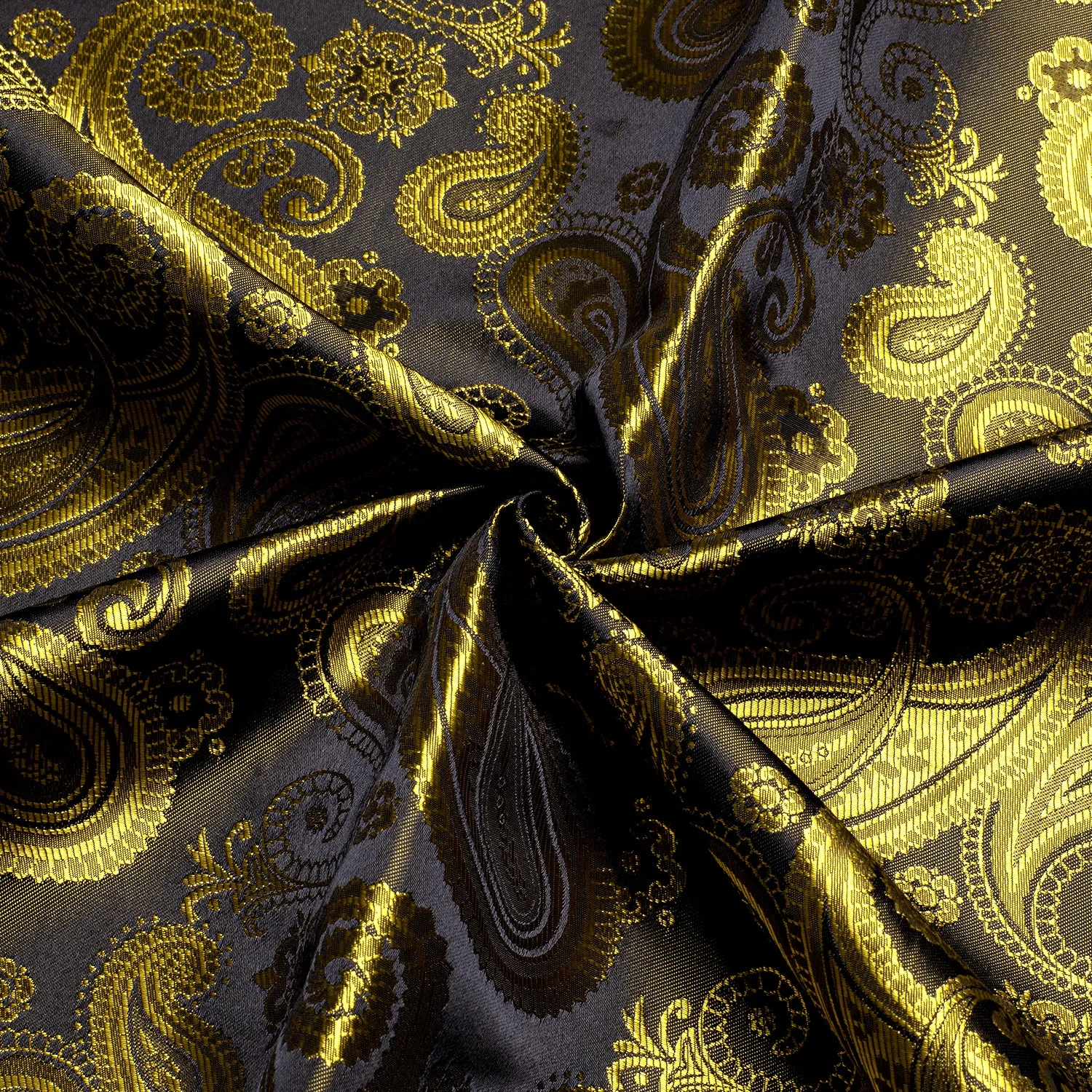 Luxury Yellow Brown Paisley Pattern Silk Men's Long Sleeve Shirt