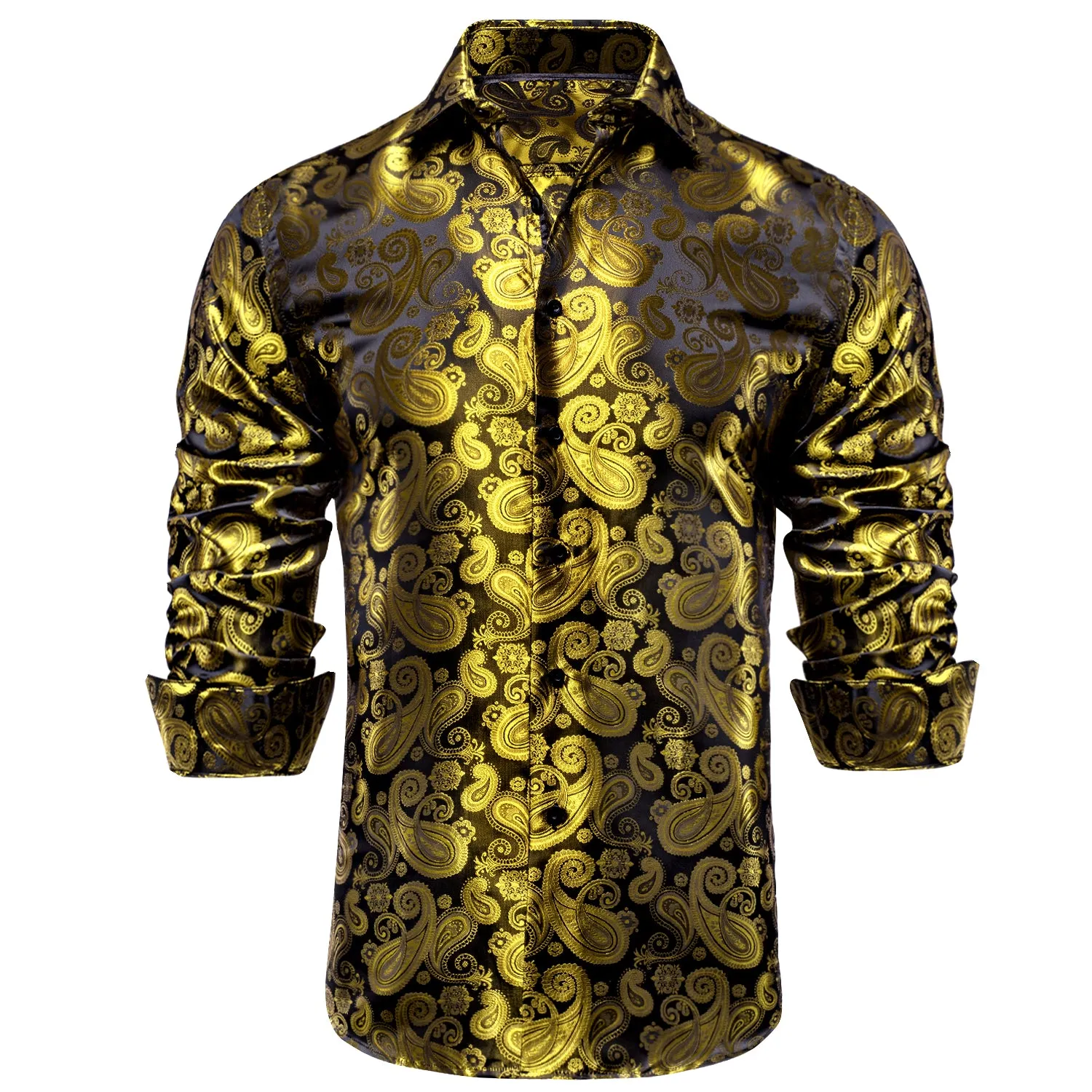 Luxury Yellow Brown Paisley Pattern Silk Men's Long Sleeve Shirt