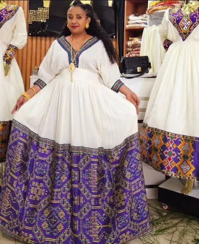 Marvelous Purple Traditional Ethiopian Dress: with Golden Detailing Habesha Dress Elegant Habesha Kemis