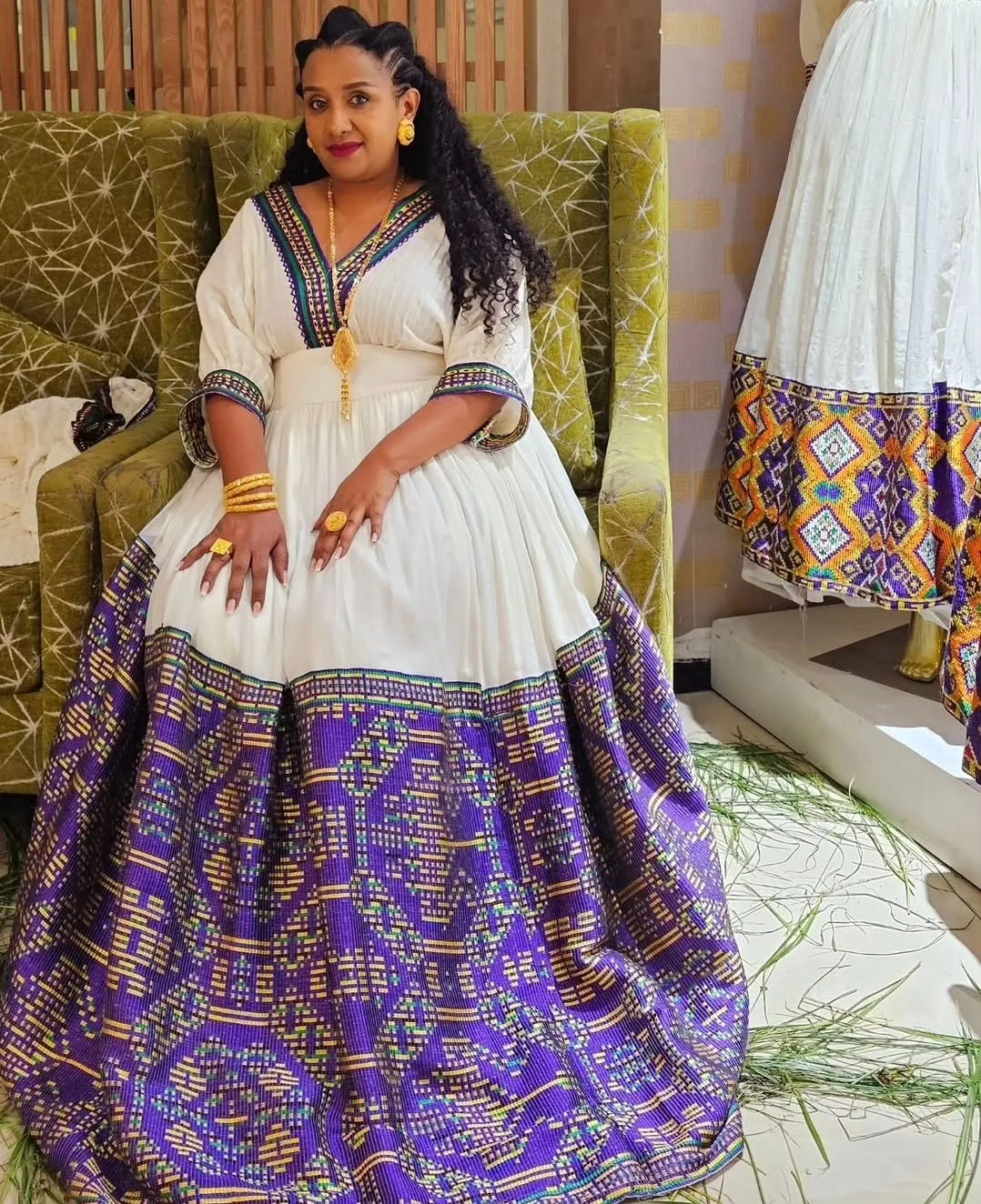 Marvelous Purple Traditional Ethiopian Dress: with Golden Detailing Habesha Dress Elegant Habesha Kemis