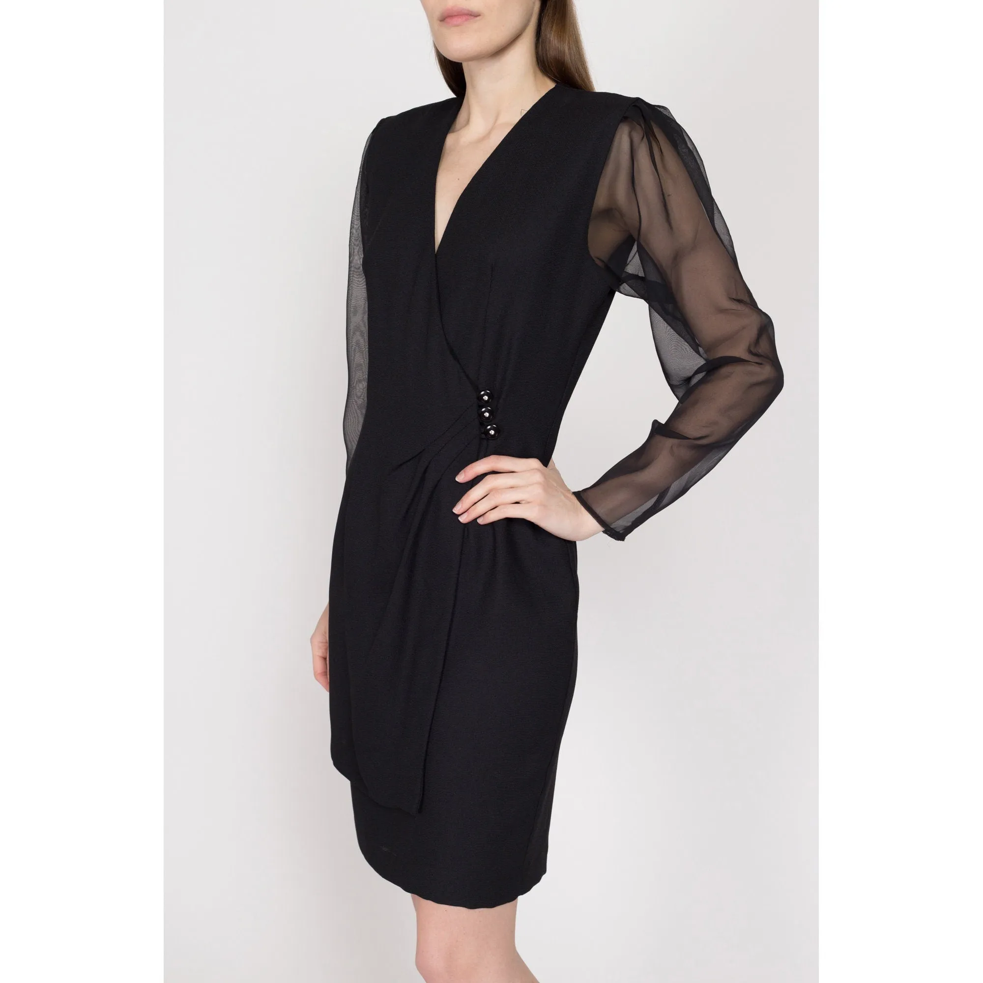 Medium 80s Black Sheer Sleeve Secretary Wrap Dress