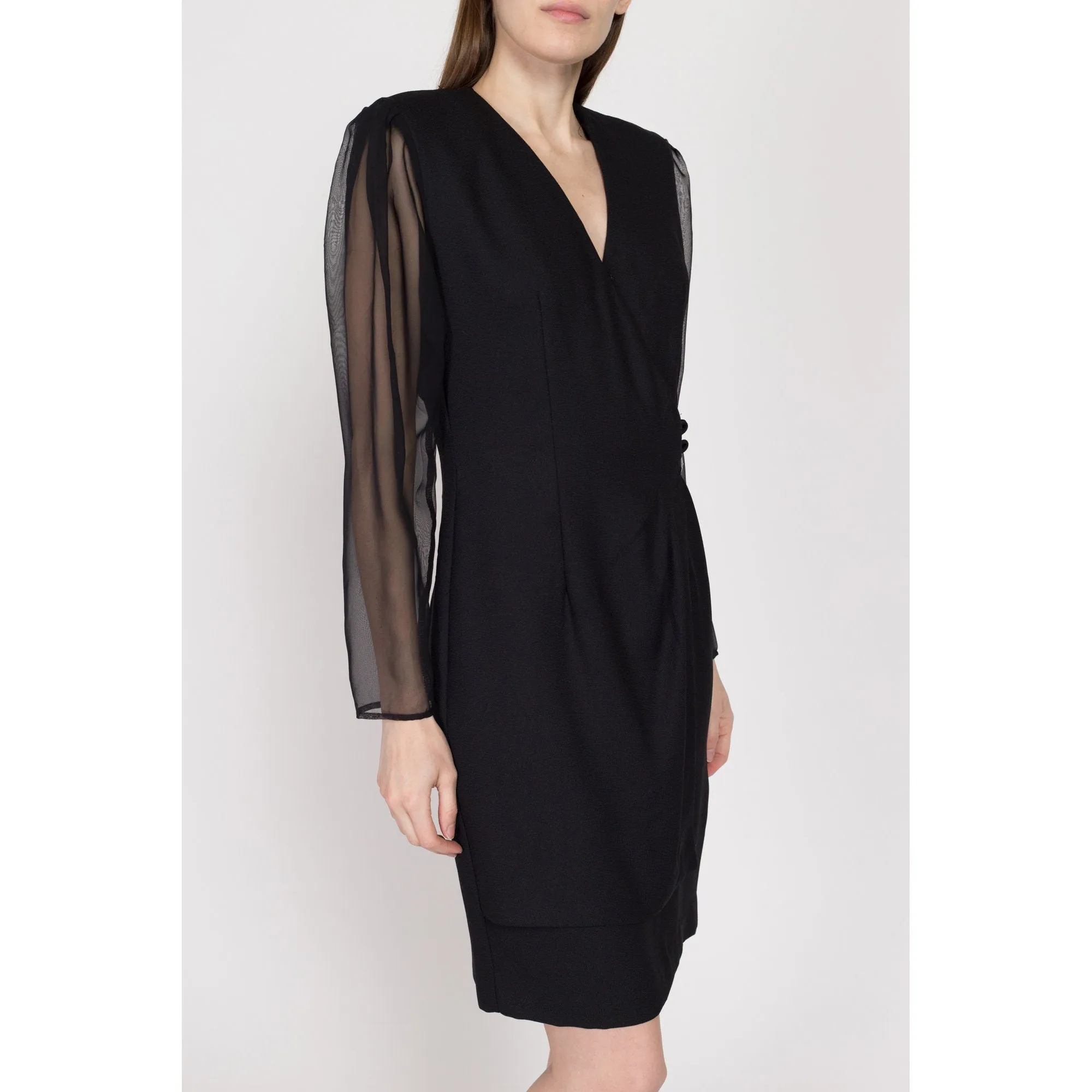 Medium 80s Black Sheer Sleeve Secretary Wrap Dress