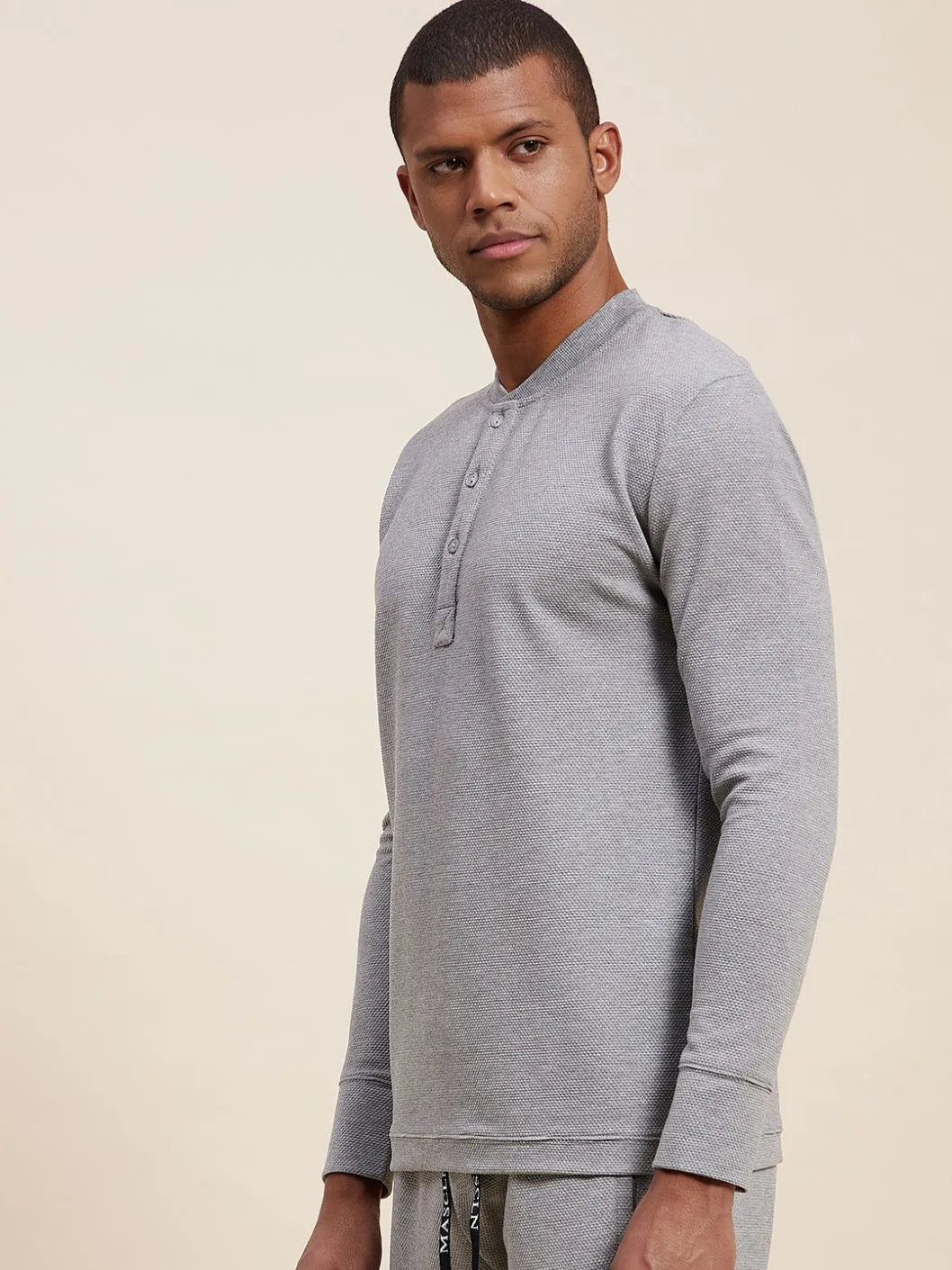 Men Grey Melange Henley T-Shirt