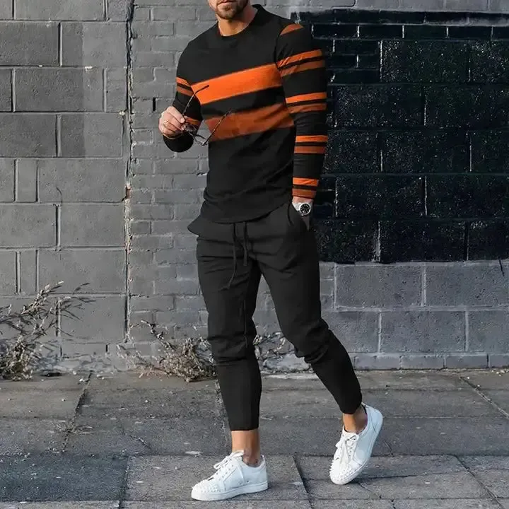 Men's Long Sleeve T-Shirt & Pants Set  Colour Geometry 3D Printed Casual Suit