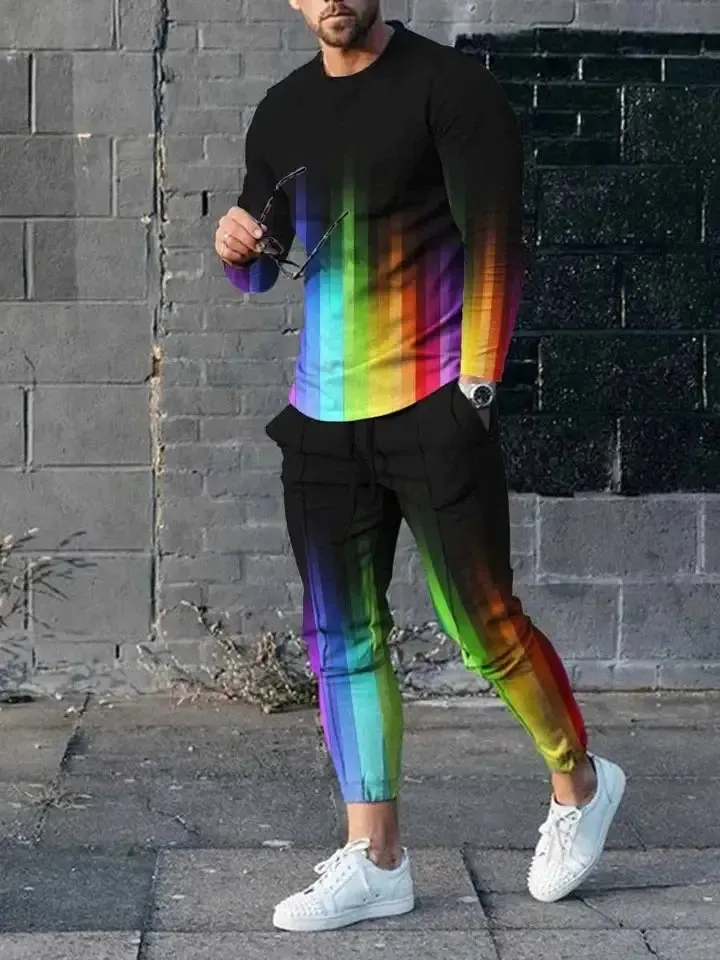 Men's Long Sleeve T-Shirt & Pants Set  Colour Geometry 3D Printed Casual Suit