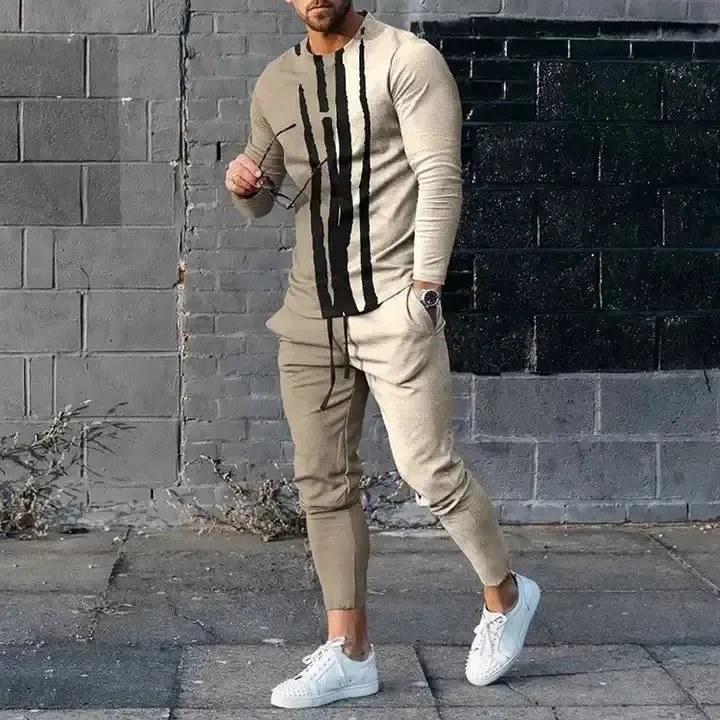 Men's Long Sleeve T-Shirt & Pants Set  Colour Geometry 3D Printed Casual Suit