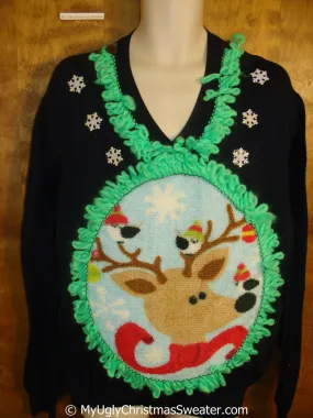 Mens Vneck Pullover with Fluffy Reindeer and Lime Green Trim