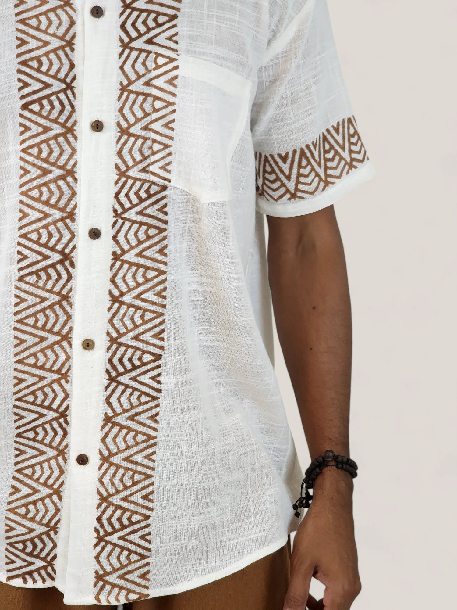 Men's White Organic Linen Short Sleeve Block-Printed Button-Down Shirt