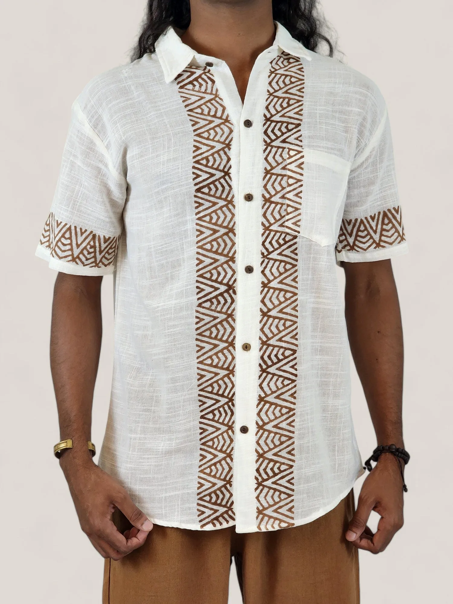 Men's White Organic Linen Short Sleeve Block-Printed Button-Down Shirt