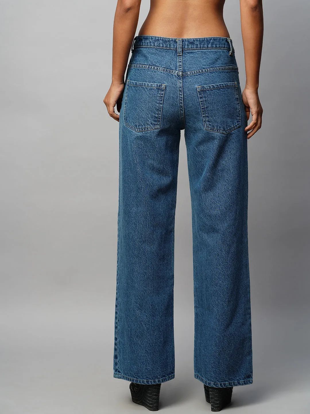 Mid Wash Denim Mid Rise Straight Leg Jeans