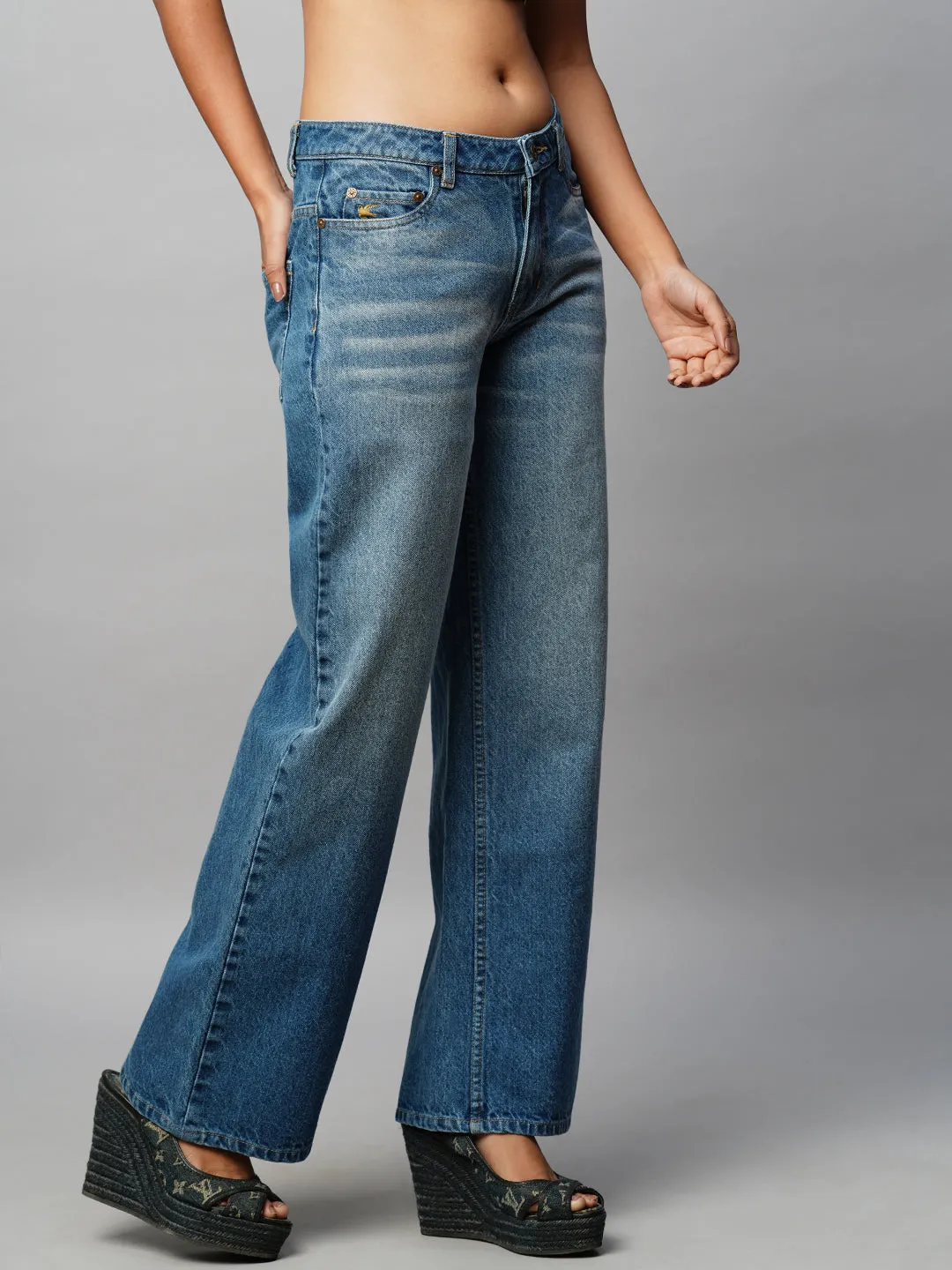 Mid Wash Denim Mid Rise Straight Leg Jeans