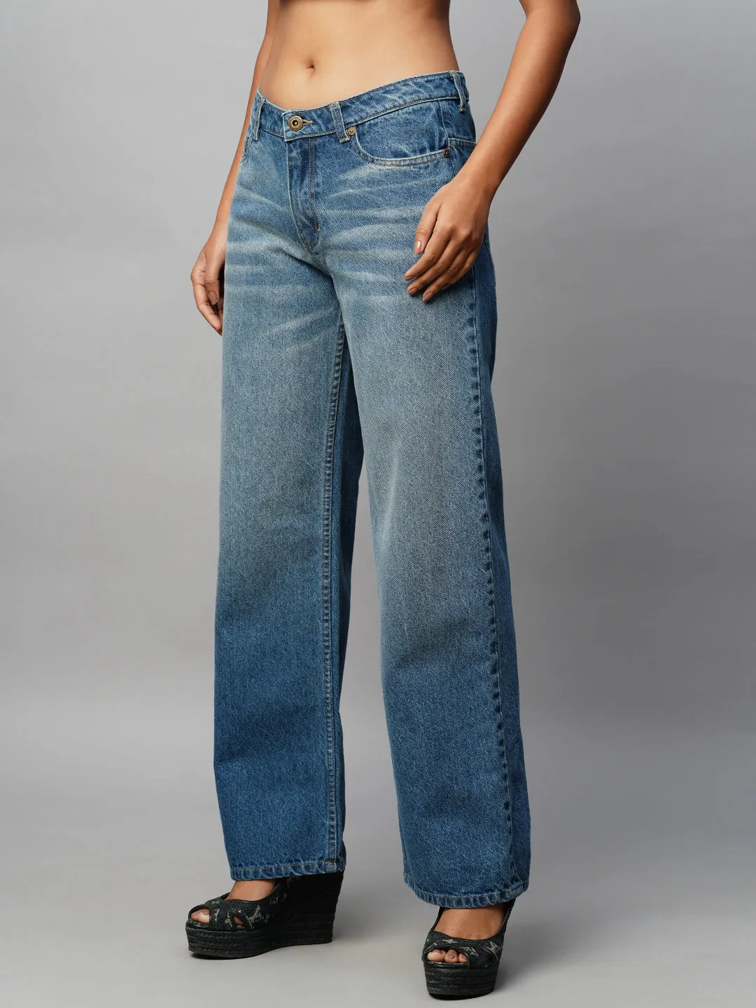 Mid Wash Denim Mid Rise Straight Leg Jeans