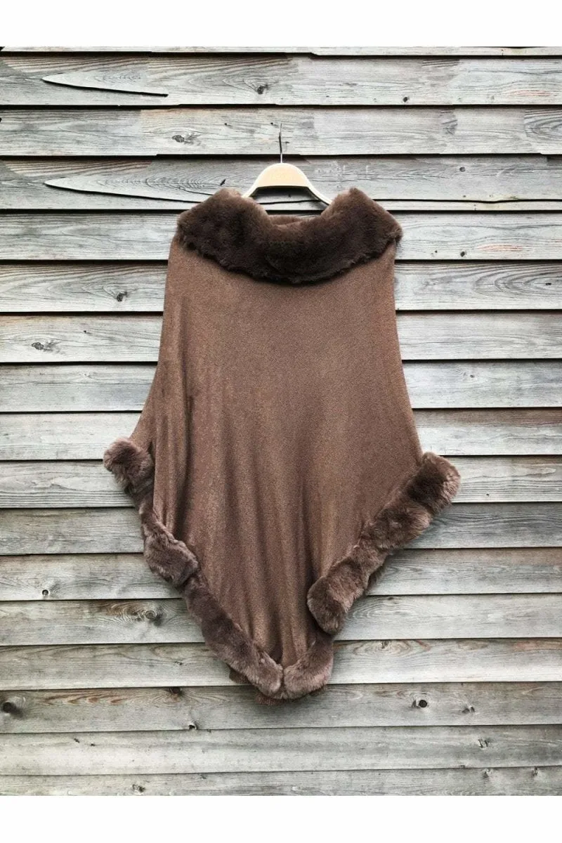 Mocha Faux Fur Trim Poncho