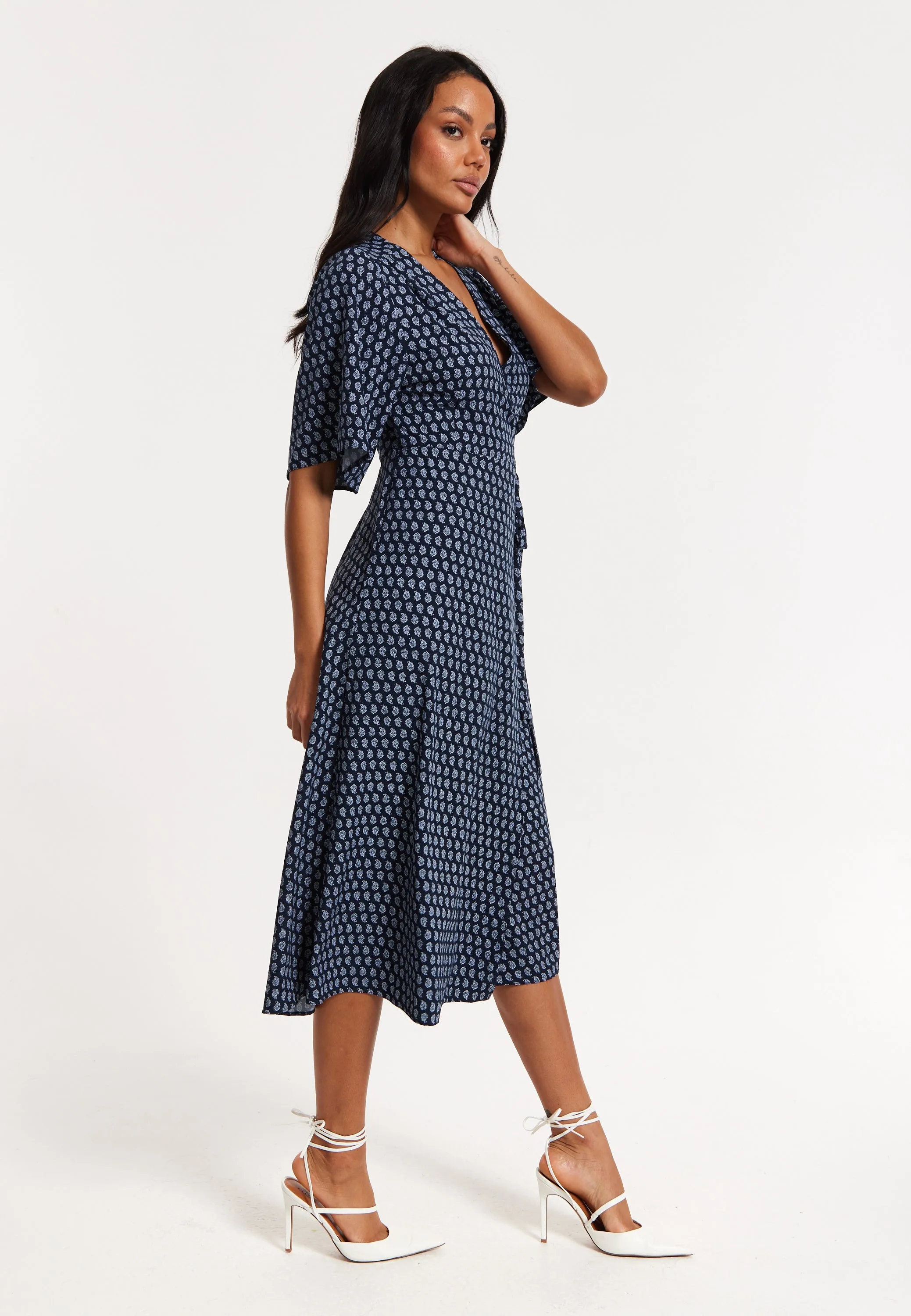 Navy Floral Print Kimono Wrap Maxi Dress