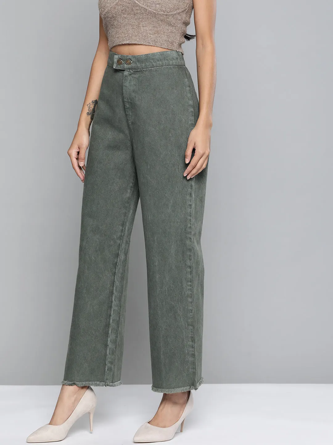 Olive Denim Wide Leg Jeans