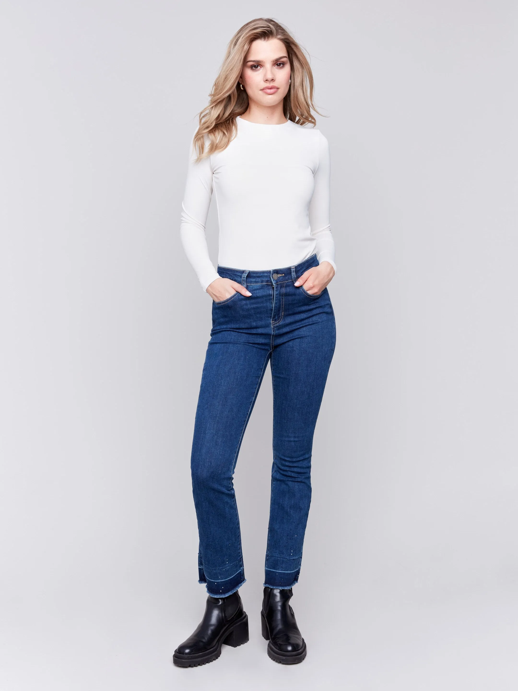 Ombre Hem Flare Jeans with Studs - Indigo