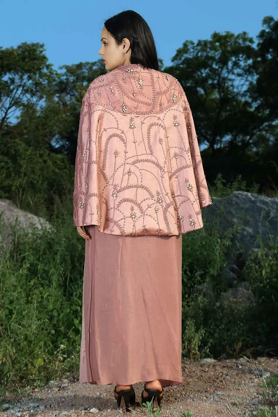 Onion Pink Embroidered Cape & Skirt Set