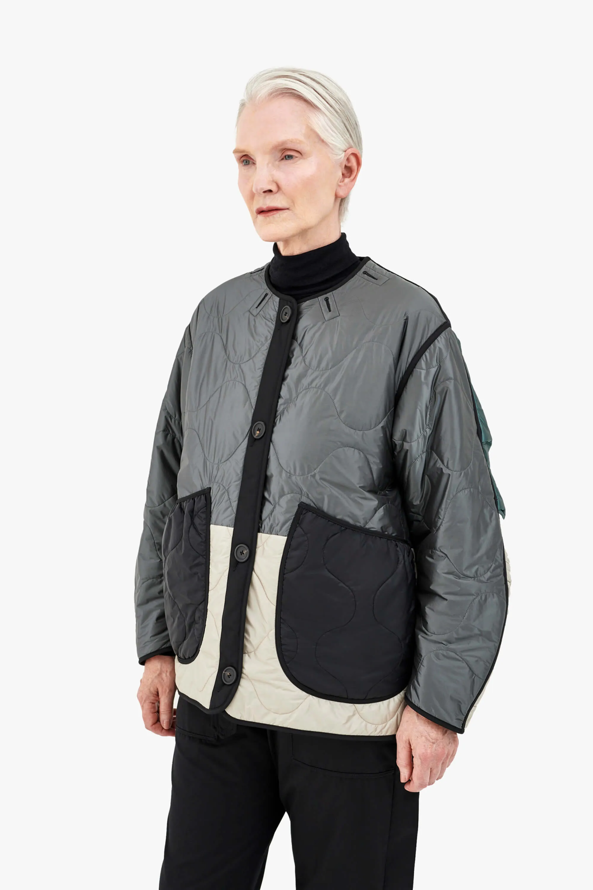 Patchwork Cropped Quilt Jacket - Anthracite & Mineral Green / Dark Olive