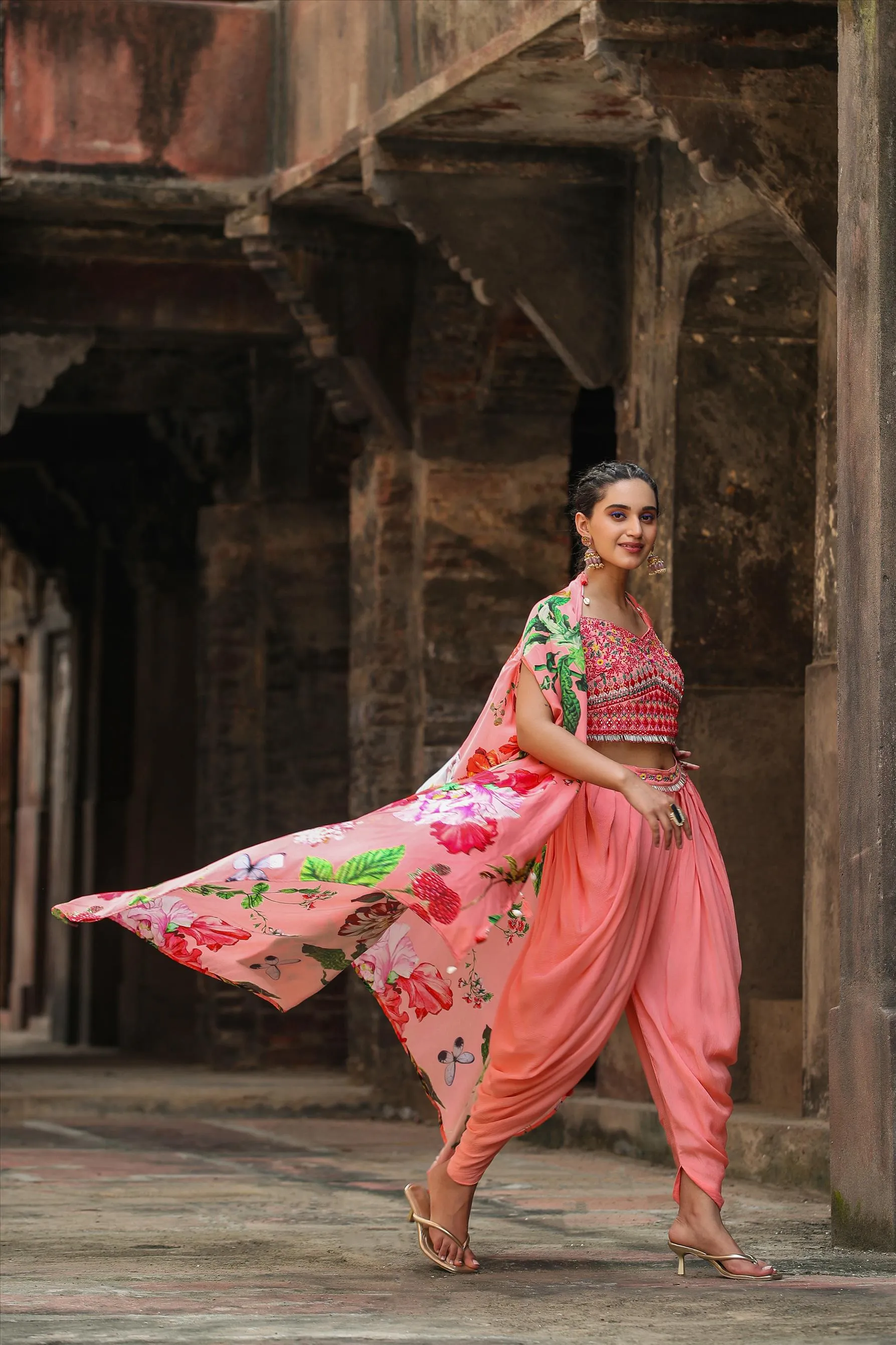 Pink Chinon Silk Printed & Embroidered Dhoti Set With Cape