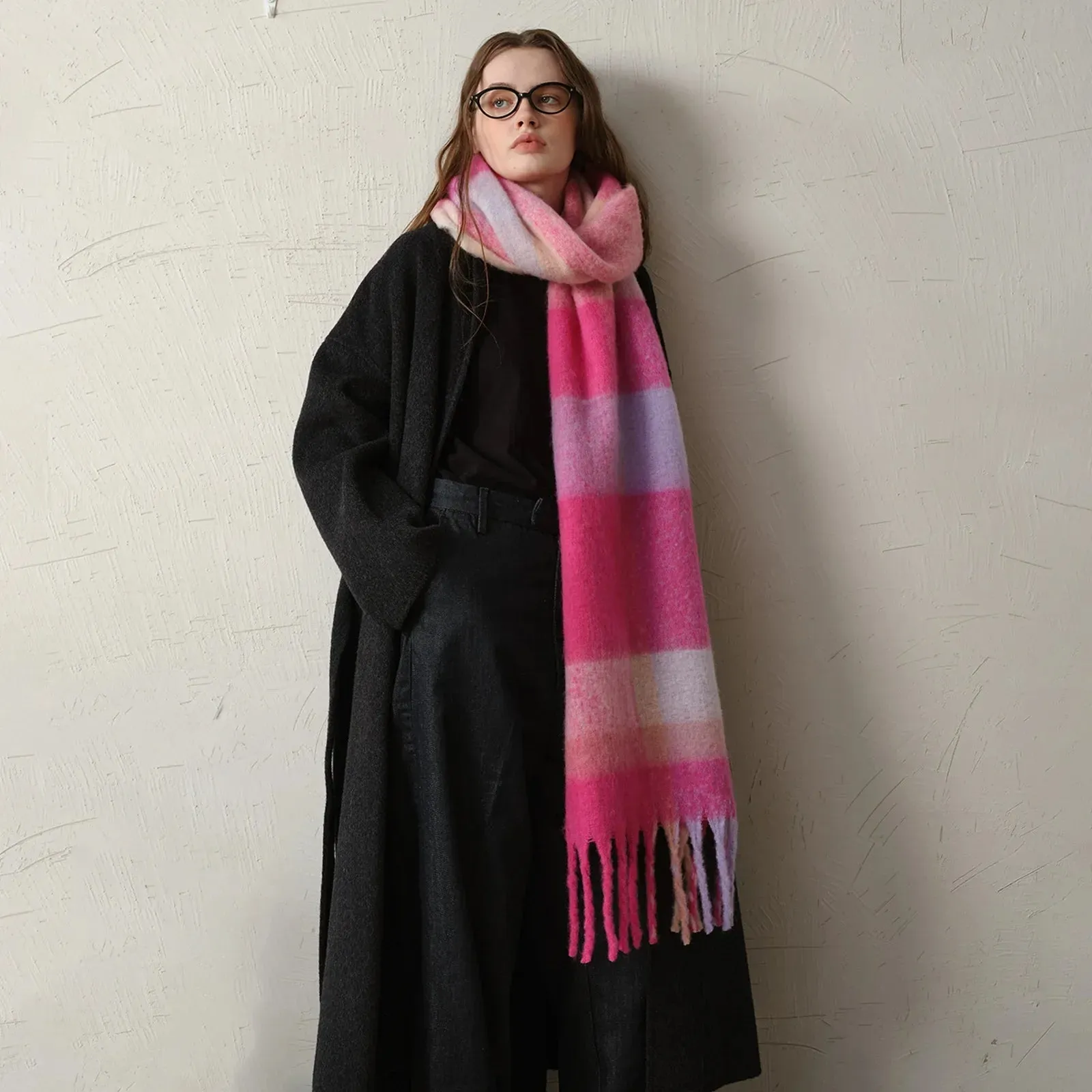 Plaid Coarse Tassel Imitation Cashmere Scarf for Autumn Winter Warmth