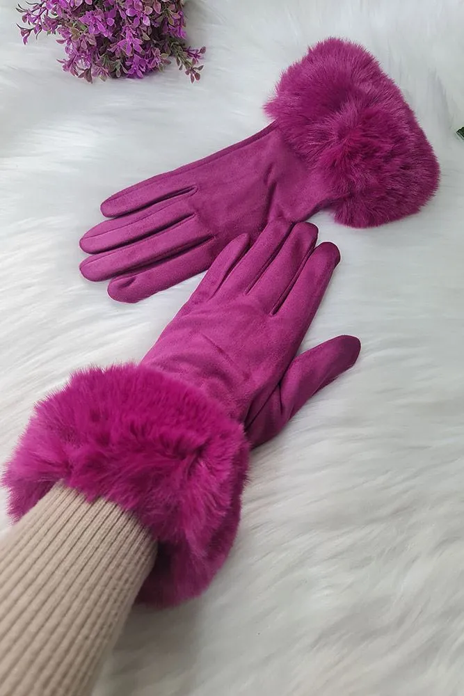 Plain Faux Fur Hem Soft Feel Gloves