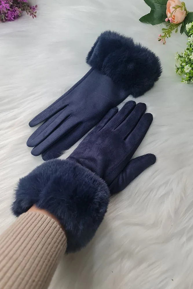 Plain Faux Fur Hem Soft Feel Gloves