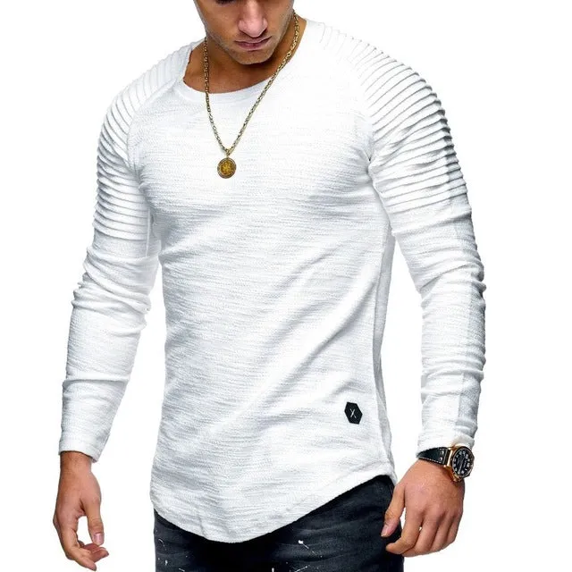 Pleated Shoulder Fit Muscle Style Men Long Sleeves T-Shirt