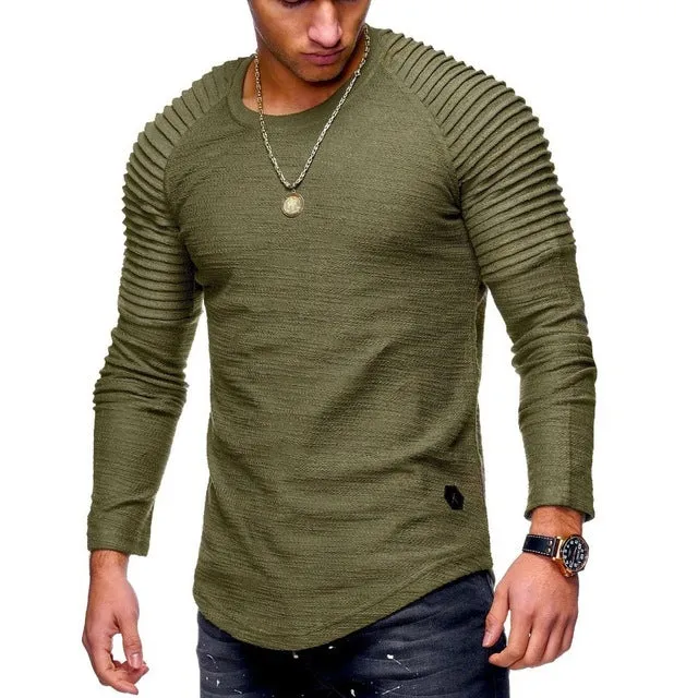 Pleated Shoulder Fit Muscle Style Men Long Sleeves T-Shirt