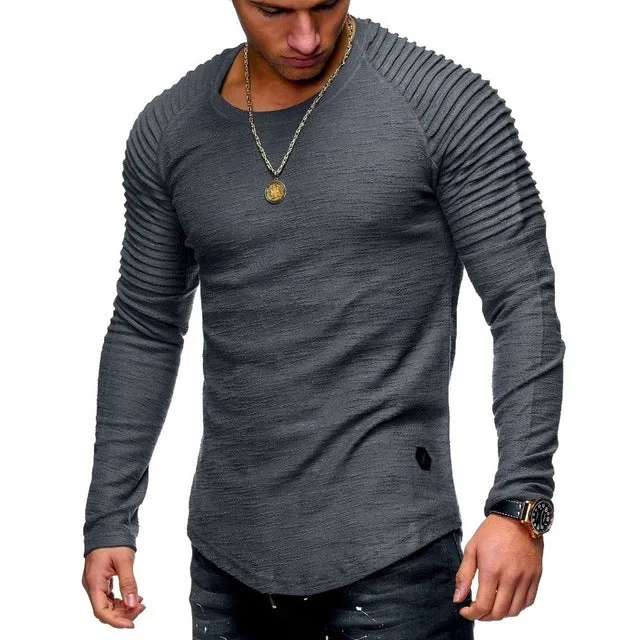 Pleated Shoulder Fit Muscle Style Men Long Sleeves T-Shirt