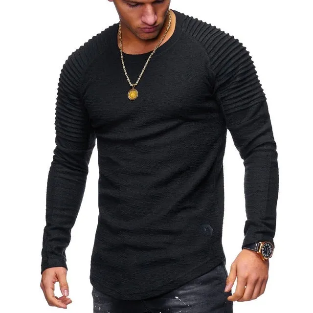 Pleated Shoulder Fit Muscle Style Men Long Sleeves T-Shirt