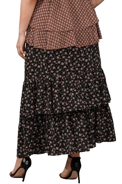 Plus Black Floral Layered Maxi Skirt