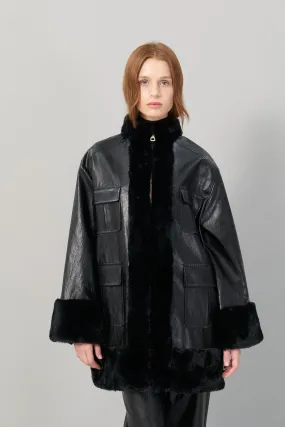 Plush Leather Coat Black with Zipper Closure