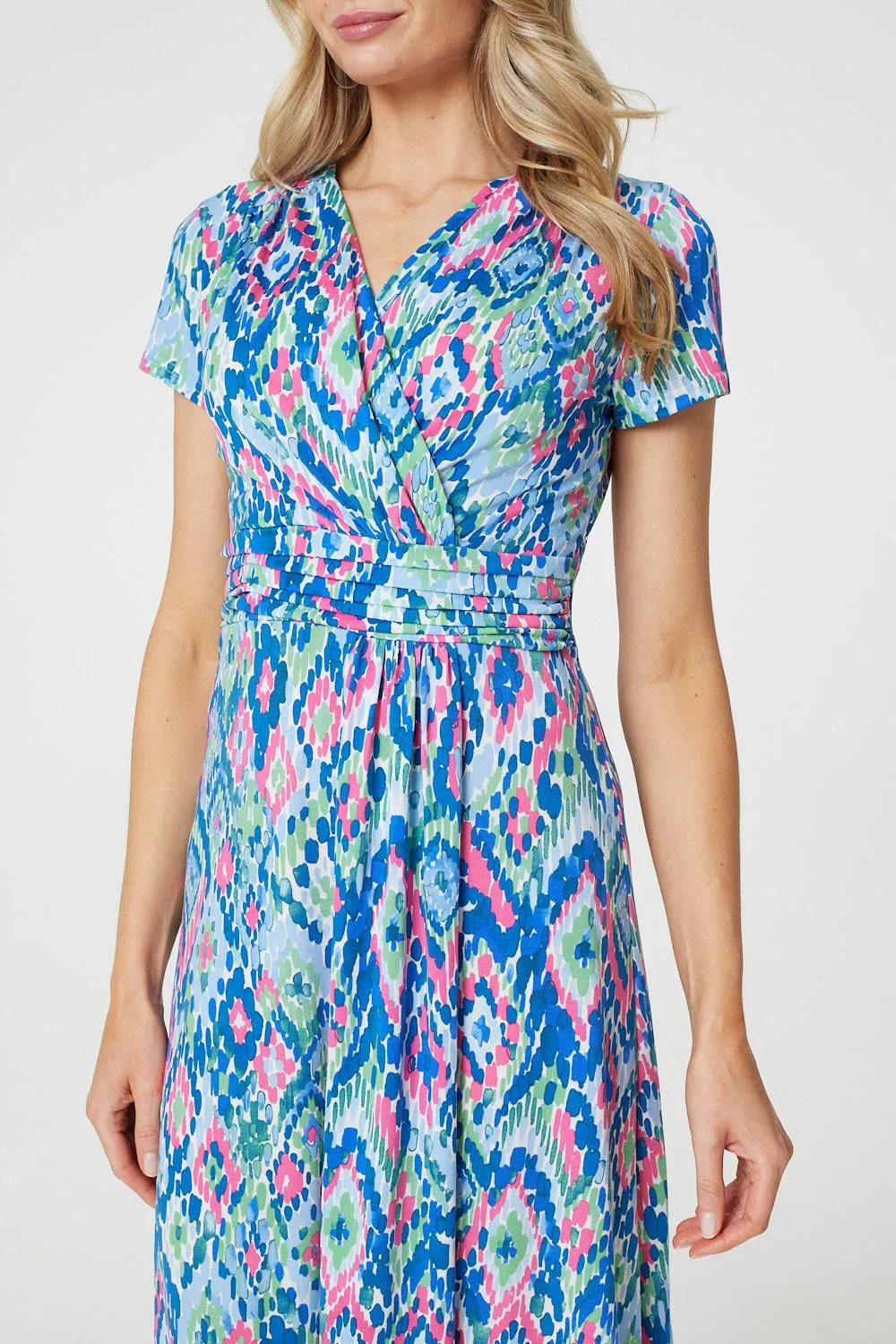 Printed Ruched Faux-Wrap Midi Dress