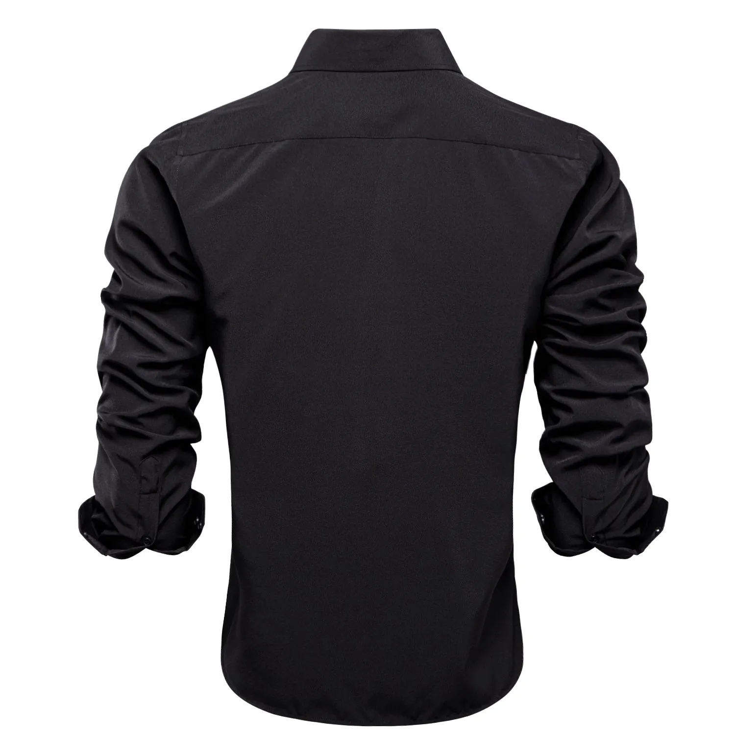 Pure Black Solid Cotton Stretchy Fabric Men's Long Sleeve Shirt