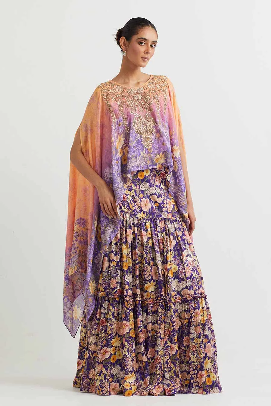 Purple Embroidered Cape & Printed Skirt Set