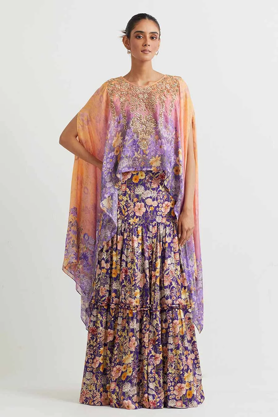 Purple Embroidered Cape & Printed Skirt Set