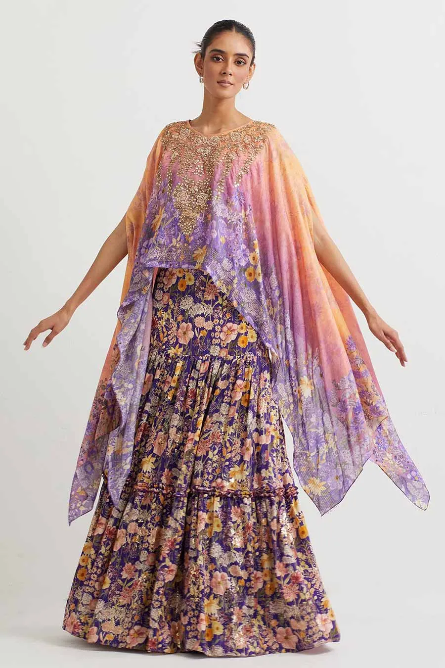 Purple Embroidered Cape & Printed Skirt Set