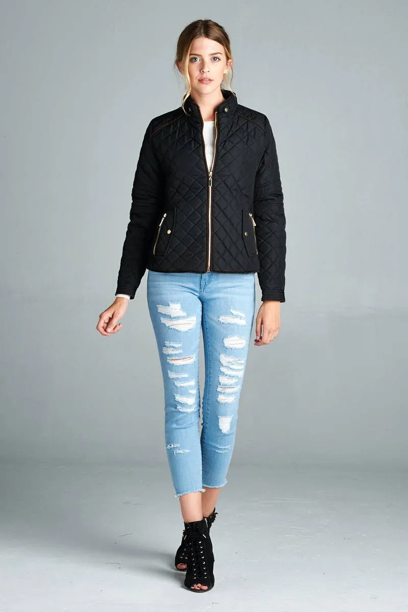 Quilted Padding Jacket With Suede Piping Details