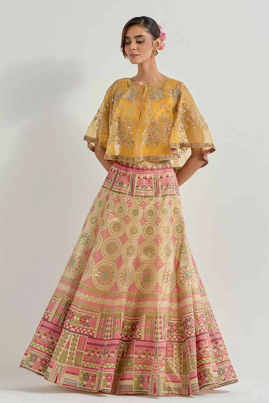 Raeth Yellow Embroidered Cape & Tissue Lehenga Set