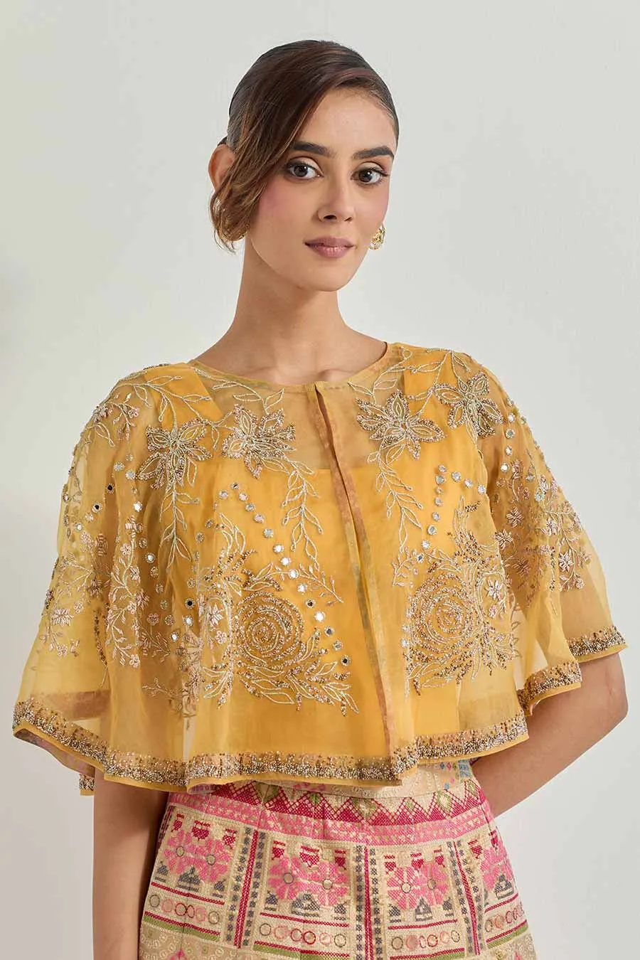 Raeth Yellow Embroidered Cape & Tissue Lehenga Set