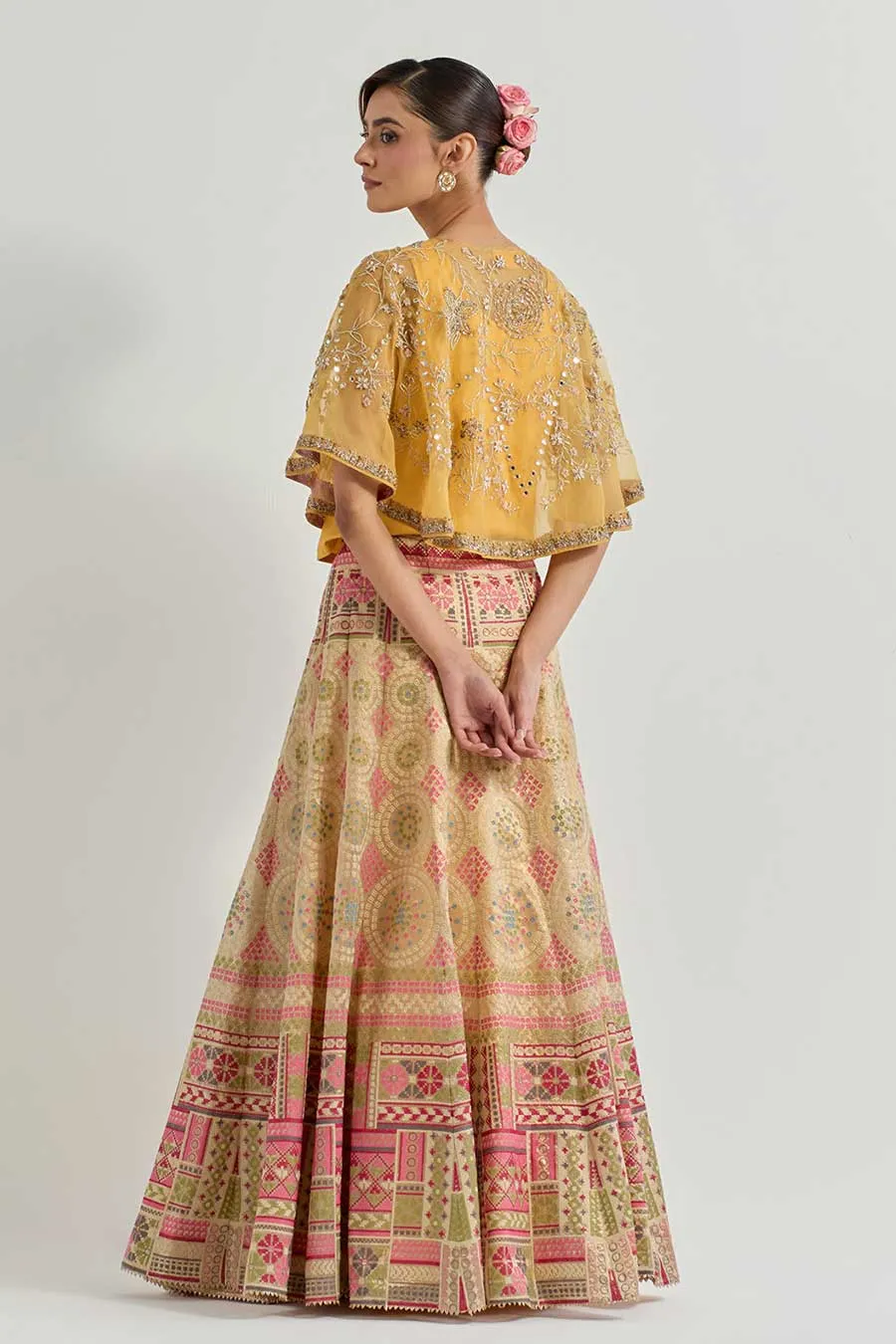 Raeth Yellow Embroidered Cape & Tissue Lehenga Set