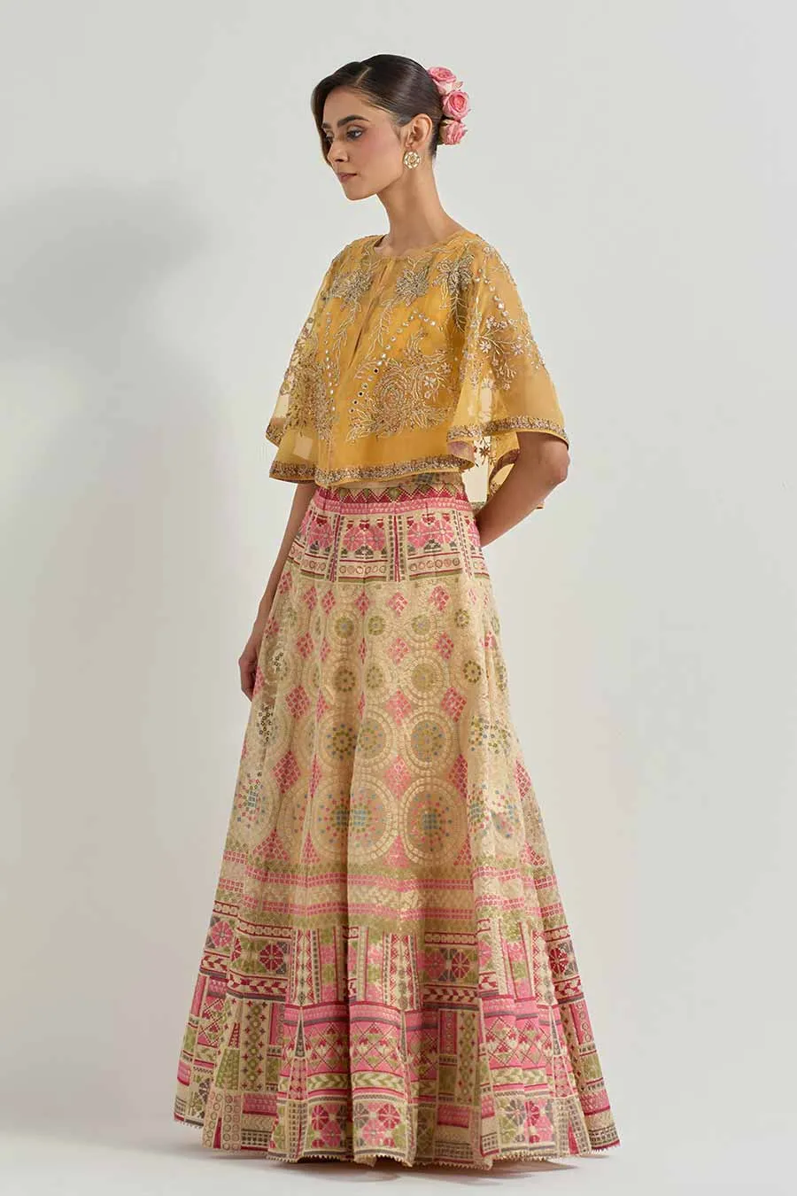 Raeth Yellow Embroidered Cape & Tissue Lehenga Set