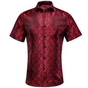 Red Black Paisley Silk Men's Short Sleeve Shirt