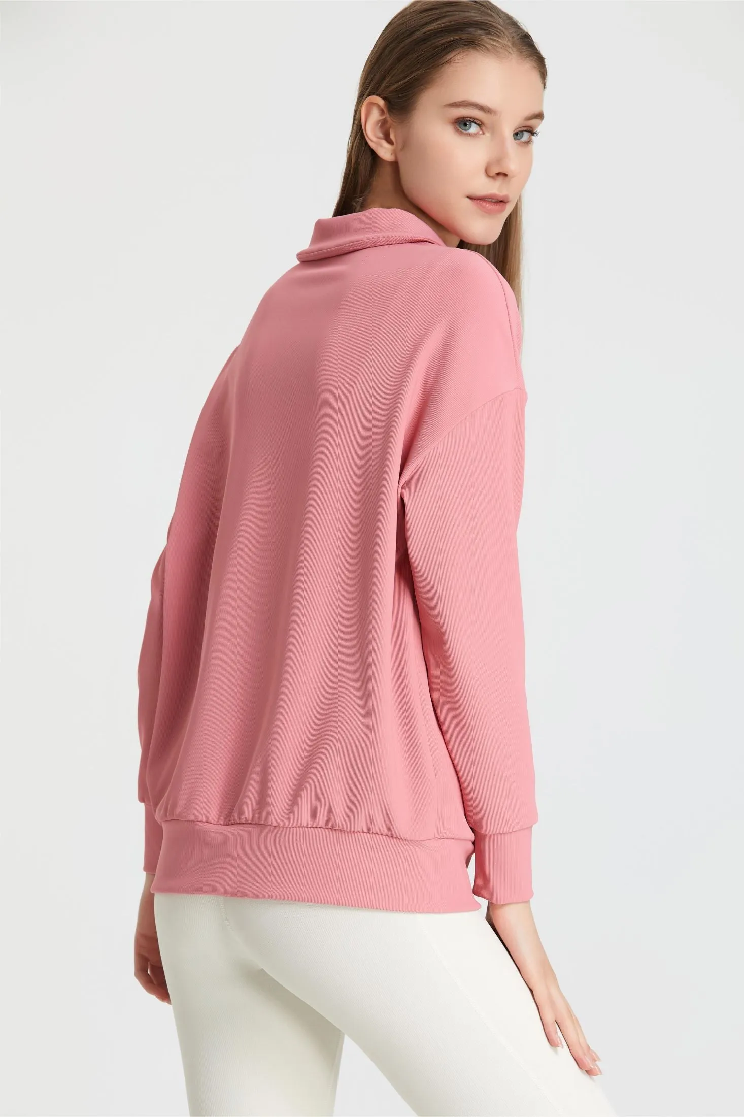 Ribbed Lapel Collar Half-Zip Sweatshirt